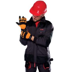 warsztatowe rękawice robocze Lahti PRO L2805 ochronne rękawice do pracy mocne czarno pomarańczowe mikrofibra elastan na modelu