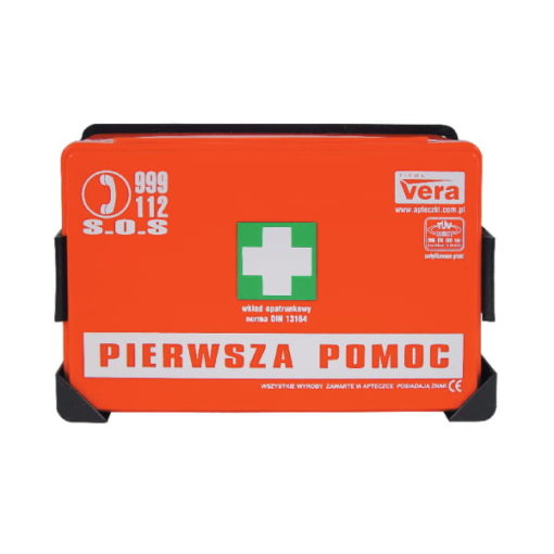 Apteczka Standard DIN 13157 PLUS Apteczka Standard DIN 13164 apteczka biurowa zestaw pierwszej pomocy ścienna ze stelażem mocującym z wyposażeniem biurowa zakładowa przemysłowa samochodowa do ciężarówki czerwona