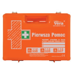 apteczka top 15 din 13164 vera apteczka przemysłowa biurowa do biura zakładowa w walizce ścienna na ścianę pomarańczowa przód apteczka top 15 din 13157