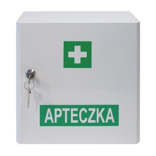 Apteczka VERA 6 DIN 13167 pierwsza pomoc metalowa szafka apteczkowa z wkładem na kluczyk zestaw pierwszej pomocy zakładowa biurowa ścienna do ściany biała zamknięta apteczka vera 4