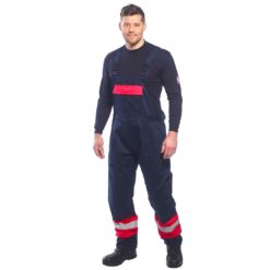 Ogrodniczki trudnopalne Bizflame Plus Portwest FR56 Klasa 2 spodnie na szelkach z szelkami robocze ochronne szwedy do pracy trudnopalne dla spawacza granatowe czerwone przód