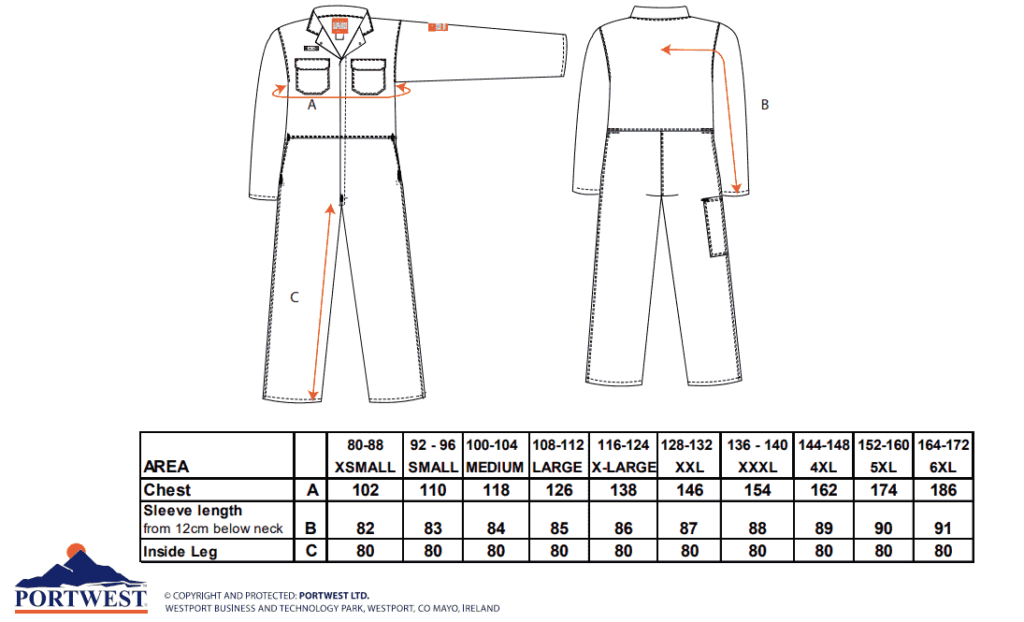 tabela rozmiarów portwest biz1 kombinezon