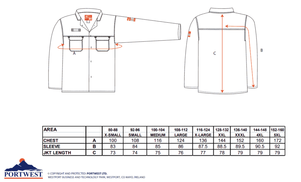 tabela rozmiarów bluza trudnopalna spawalnicza portwest biz2