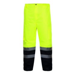 Spodnie ocieplane ostrzegawcze Lahti PRO L41002 Żółte spodnie ochronne robocze drogowe odblaskowe do pracy ciuchy robocze wysokiej widoczności dwukolorowe z odblaskami w pas do pasa