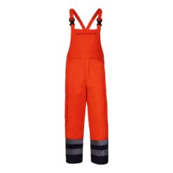 Ogrodniczki ocieplane ostrzegawcze Lahti PRO L41102 szwedy na szelki z szelkami spodnie ochronne robocze odblaskowe wysokiej widoczności do pracy drogowe ciuchy robocze szwedzkie pomarańczowe z granatowym przód
