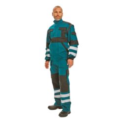 Spodnie robocze odblaskowe max reflex rflx zielone czarne z dwoma paskami odblaskowymi na dole na modelu