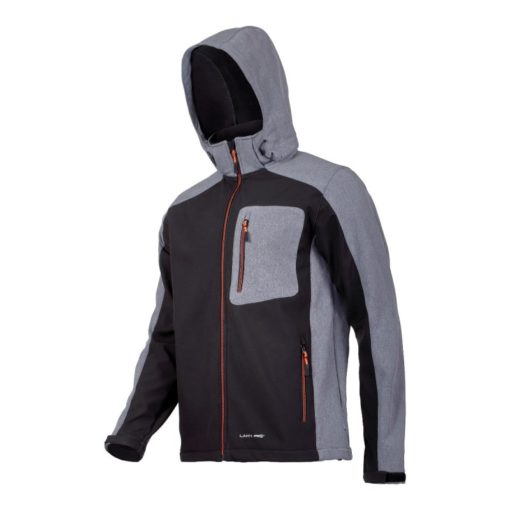 Kurtka Softshell z kapturem Lahti PRO L409160 kurteczka wiatrówka wiatrowa robocza ochronna mocna z kapturem lekka cienka jesienna wiosenna czarna szara z boku