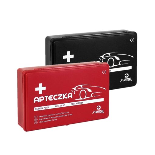 Apteczka samochodowa Swing-Med Apa04 DIN 13164+ Pudełko apteczka do samochodu zestaw pierwszej pomocy motoryzacyjny do autobusu z wyposażeniem samochodówka czerwona czarna