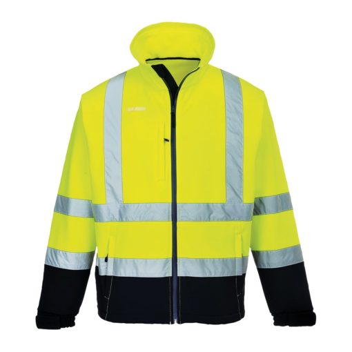 Softshell ostrzegawczy (3L) Portwest S425 bluza kurtka ochronna bhp drogowa odblaskowa z odblaskami do pracy dla drogowców żółta czarna na suwak 4 kieszenie odzież robocza ciuchy przód