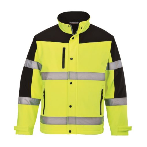 Kurtka Softshell 3-warstwowa Portwest S429 softshellowa membrana ostrzegawcza drogowa z odblaskami odblaskowa czarna mocna z kapturem cienka wiatrówka zimowa żółta czarna przód