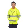Bluza ostrzegawcza z kapturem Portwest B305 bluza robocza ochronna bhp na suwak do pracy odzież ochronna drogowa dla drogowców z odblaskiem odblaskowa en 471 en 20471 z troczkami żółta na modelu
