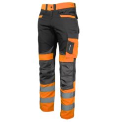 Spodnie Ostrzegawcze Lahti PRO L40512 pomarańczowe SLIM-FIT spodnie ochronne drogowe ostrzegawcze odblaskowe z odblaskami mocne slimowane do pracy bhp ciop pib wzmacniane pomarańczowe czarne do pasa w pas