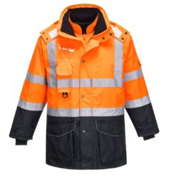 Kontrastowa Kurta Ostrzegawcza Portwest S426 7 w 1 Traffic kurtka robocza ostrzegawcza drogowa dla odblaskowa dwukolorowa z kapturem ocieplana modułowa ochronna odzież robocza bhp z kapturem ocieplana pomarańczowa granatowa