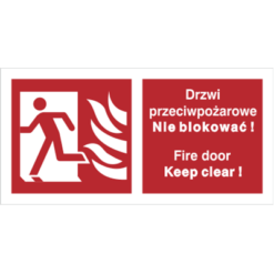 Znak Drzwi Przeciwpożarowe Nie Blokować (W Lewo) PL/ENG piktogram bezpieczeństwa przeciwpożarowy oznakowanie bezpieczeństwa pożarowego czerwone fotoluminescencyjne płyta pvc folia naklejka sklep bhp