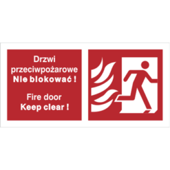 Znak Drzwi Przeciwpożarowe Nie Blokować (W Prawo) PL/ENG piktogram bezpieczeństwa przeciwpożarowy oznakowanie bezpieczeństwa pożarowego czerwone fotoluminescencyjne płyta pvc folia naklejka sklep bhp