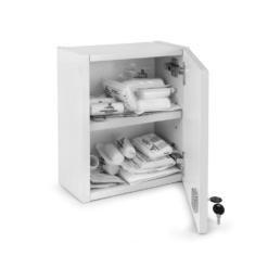 Apteczka Swing-Med MF Biała DIN 13164+ustnik Płyta MDF zestaw pierwszej pomocy przedmedycznej do firmy do szkoły do biura biurowa przemysłowa w szafce z płyty meblowej biała na kluczyk z wyposażeniem biało czerwona otwarta wkład din