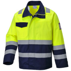 Kurtka ostrzegawcza trudnopalna Portwest MV25 bluza dla spawacza ochronna przed ługiem niepalna do spawania odblaskowa dla drogowców dwukolorowa spawalnicza antyelektrostatyczna antystatyczna z włóknem węglowym żółta granatowa z pasami odblaskowymi odzież ochronna robocza sklep bhp