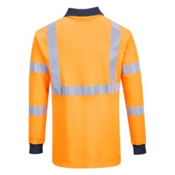 Koszulka Ostrzegawcza Trudnopalna Portwest FR76 polówka spawalnicza trudnopalna dla spawacza mocna odblaskowa z pasami dla drogowców na długi rękaw odzież ochronna robocza sklep bhp pomarańczowa granatowa tył