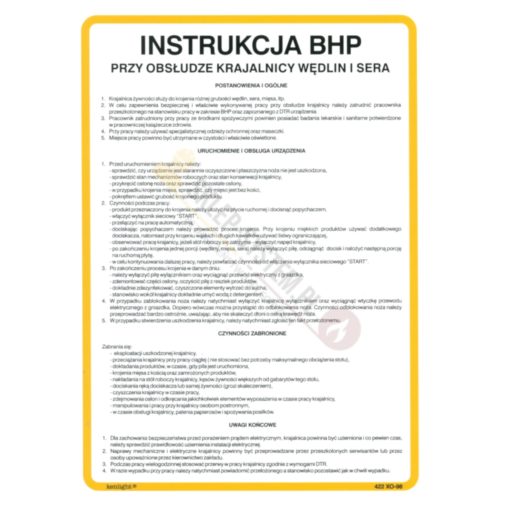 Instrukcja BHP Przy Obsłudze Krajalnicy Wędlin i Sera sklep obsługa krojnicy krajnicy do mięsa na ścianę sztywna sklep bhp biało żółta