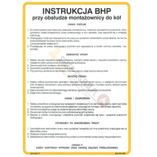 Instrukcja BHP przy Obsłudze Montażownicy do Kół zmiana opon warsztatowy dla samochodów instrukcja bezpieczeństwa warsztat samochodowy biała żółta tablica na ścianę twarda techem