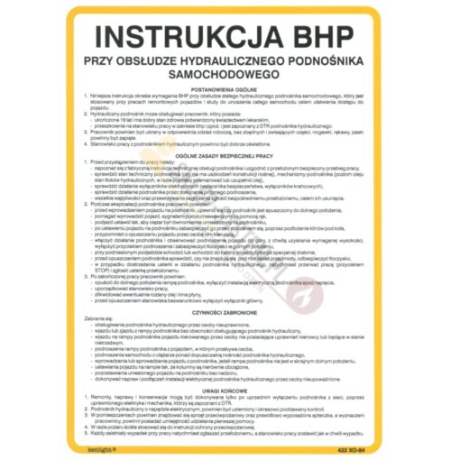 Instrukcja BHP przy obsłudze hydraulicznego podnośnika samochodowego podnośnik warsztatowy dla samochodów instrukcja bezpieczeństwa warsztat samochodowy biała żółta tablica na ścianę twarda techem