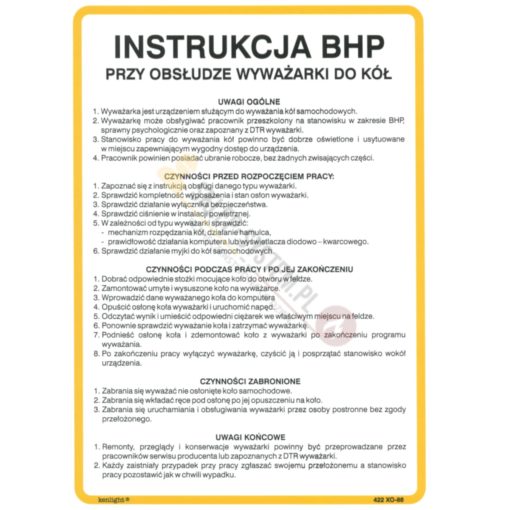 Instrukcja BHP przy obsłudze wyważarki do kół wyważarka instrukcja bezpieczeństwa warsztat samochodowy biała żółta tablica na ścianę twarda techem