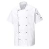 Przewiewna bluza kucharska Portwest C676 szefa kuchni bluza koszulka z krótkim rękawem na guziki z lamówką czarną ze stójką gastronomiczna do kuchni kuchenna z kieszeniami wentylowana na plecach odzież ochronna sklep bhp biała