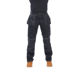 Spodnie robocze PORTWEST KS14 Tugsten czarne grafitowe szare z lamówką odblaskową robocze ochronne do pracy ciuchy monterskie do pasa z kieszeniami kaburowymi w pas odzież robocza ochronna sklep bhp przód