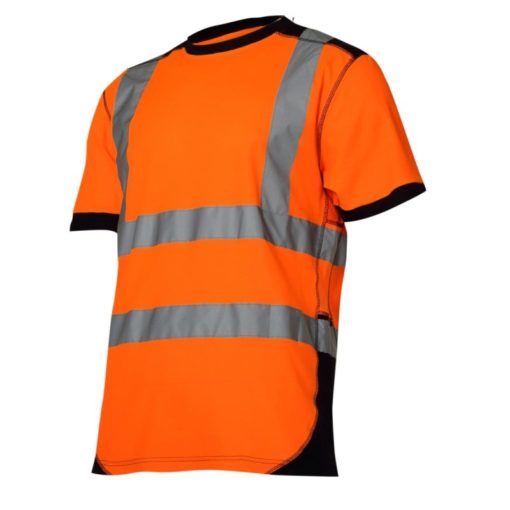 Koszulka Ostrzegawcza Lahti PRO L40226 Pomarańczowo-Czarna t-shirt tshirt koszulka na krótki rękaw podkoszulek odblaskowa z pasami odblaskowymi do pracy drogowa elegancka mocna sklep bhp neonowa pomarańczowa czarna