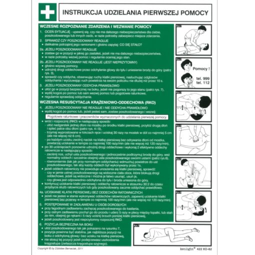 Instrukcja ABC pierwszej pomocy zielona biała tablica udzielanie pierwszej pomocy jak udzielać instrukcja zielona biała