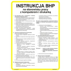 Instrukcja BHP na stanowisku pracy z komputerem i drukarką instrukcja bezpiecznej pracy do biura na twardym podłożu na ścianę biało żółta