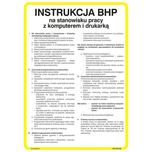 Instrukcja BHP na stanowisku pracy z komputerem i drukarką instrukcja bezpiecznej pracy do biura na twardym podłożu na ścianę biało żółta