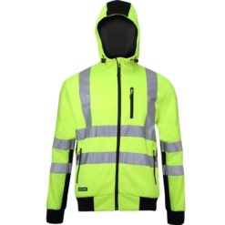 Bluza ostrzegawcza LAHTI PRO L40124 Odblaskowa do pracy wysokiej widoczności ciepła z kapturem na suwak na zamek dla pracowników odzież bhp sklep drogowców czarno żółta przód