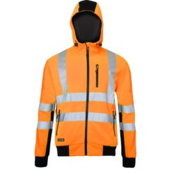 Bluza ostrzegawcza LAHTI PRO L40125 Odblaskowa do pracy wysokiej widoczności ciepła z kapturem na suwak na zamek dla pracowników odzież bhp sklep drogowców czarno pomarańczowa przód