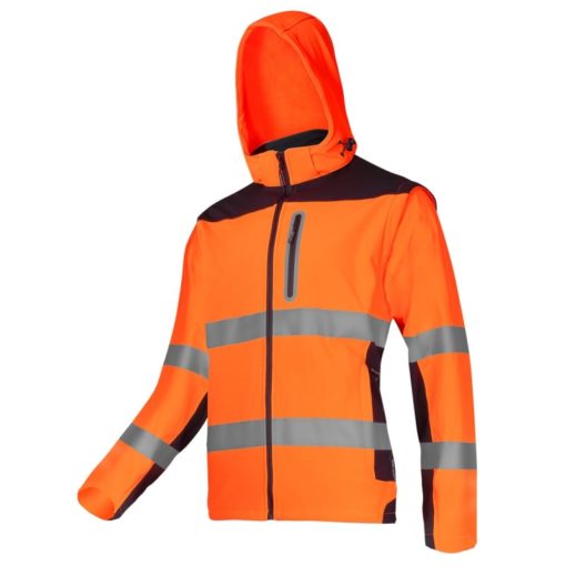 Kurtka Softshell Ostrzegawcza Lahti PRO L40922 Odpinane rękawy do pracy ochronna robocza wysokiej widoczności odblaskowa odzież bhp sklep z kapturem wodoodporna wiatrówka dla drogowców z pasami odblaskowymi z kapturem pomarańczowa czarna