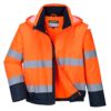 Kurtka Ostrzegawcza PORTWEST C464 2w1 do pracy robocza wysokiej widoczności odblaskowa bomber bomberka ciuchy bhp sklep z pasami odblaskowymi z kapturem wodoodporna przeciwdeszczowa podszyta polarem pomarańczowa granatowa przód