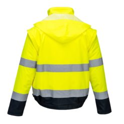 Kurtka Ostrzegawcza PORTWEST C464 2w1 do pracy robocza wysokiej widoczności odblaskowa bomber bomberka ciuchy bhp sklep z pasami odblaskowymi z kapturem wodoodporna przeciwdeszczowa podszyta polarem żółta granatowa tył