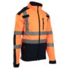 Kurtka ostrzegawcza softshell BRIXTON FLASH wiatrówka cienka kurtka przeciwdeszczowa wodoodporna z pasami odblaskowymi dla drogowców cienka membrana z kapturem dwukolorowa odzież robocza bhp sklep pomarańczowa granatowa bok