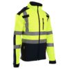 Kurtka ostrzegawcza softshell BRIXTON FLASH wiatrówka cienka kurtka przeciwdeszczowa wodoodporna z pasami odblaskowymi dla drogowców cienka membrana z kapturem dwukolorowa odzież robocza bhp sklep żółta granatowa bok
