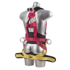 Trzypunktowe Szelki Bezpieczeństwa PORTWEST FP18 do pracy uprząż wysokościówka praca na wysokości ochronne środki ochrony miękka wyściełana 3 punktowe taśmy nylonowe odzież robocza bhp sklep ochronna tył czerwone żółte