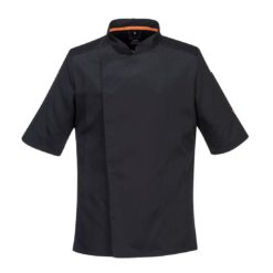 Bluza kucharska PORTWEST C738 Krótki Rękaw do kuchni dla pracowników kucharzy kucharza przewiewna lekka wentylowana asymetryczna nowoczesna odzież robocza bhp sklep ubranie ochronne kuchenne szefa kuchni czarna przód