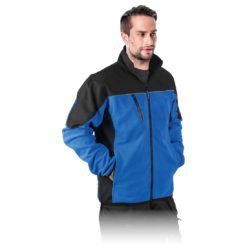 Bluza robocza polarowa POLAR-SHELL dwukolorowa bluza ochronna do pracy ciepła ze wstawkami wytrzymała z kapturem do pracy odzież dla pracowników system bhp sklep 3 kieszenie na suwak niebieska czarna