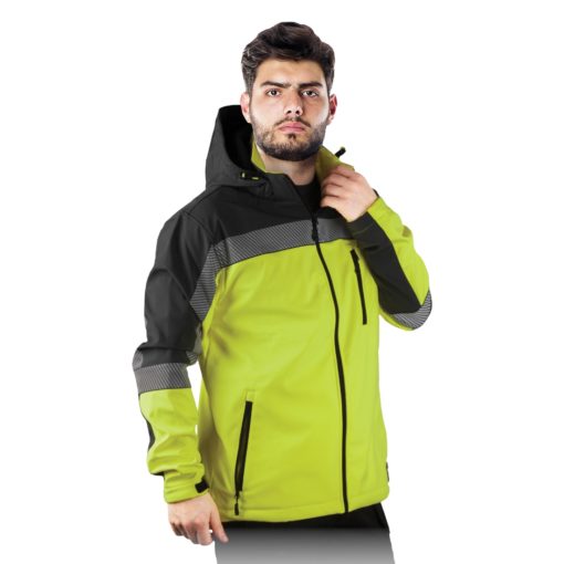 Kurtka Robocza Softshell LH-PIROL przeciwdeszczowa lekka softshellowa membrana wiatrówka wiatroszczelna wiatroodporna z kapturem na deszcz podszyta polarem z odblaskami regulowana 3 kieszenie limonkowa żółta szara czarna bhp sklep odzież robocza