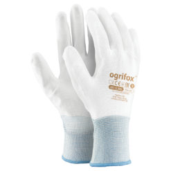 Rękawice Ochronne Ogrifox OX-POLIUR białe wysokiej jakości elastyczne poliestrowe mocne powlekane poliuretanem robocze bhp sklep system do pracy rękawiczki z mankietem białe lekkie