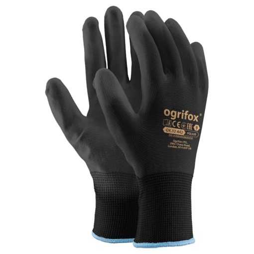 Rękawice Ochronne Ogrifox OX-POLIUR Czarne wysokiej jakości elastyczne poliestrowe mocne powlekane poliuretanem robocze bhp sklep system do pracy rękawiczki z mankietem czarne lekkie