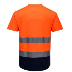 Koszulka ostrzegawcza t-shirt PORTWEST C395 przewiewna na lato siatkowana siatkowa podkoszulek odblaskowy z pasami odblaskowymi dla pracowników na gorąco letni dwukolorowy z kontrastem dla drogowców odzież ochronna bhp sklep system internetowy pomarańczowa granatowa tył