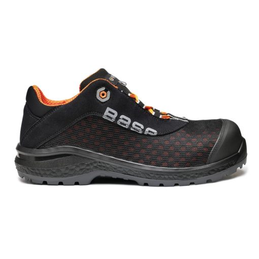 Buty robocze BASE B0878 Be-Fit S1P SRC do pracy ochronne robocze z podnoskiem noskiem wkładka antyprzebiciowa lekkie premium base protection włoskie wytrzymałe elastyczne siateczkowe przewiewne antypoślizgowe obuwie bhp sklep system internetowy półbuty bezpieczne czarne pomarańczowe