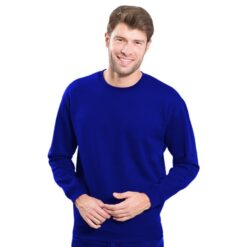 Bluza dresowa JHK SWRA290 niebieska indygo do pracy ochronna robocza wciągana przez głowę korporacyjna do nadruku nadruki na odzieży roboczej logo na bluzach ze ściągaczem długi rękaw dla pracowników bhp sklep system internetowy niebieska na modelu