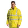 Kurtka Ostrzegawcza PORTWEST S491 wiatrówka sztormówka lekka wodoodporna przeciwdeszczowa z kapturem dla pracowników odzież ochronna bhp sklep system internetowy z odblaskami wysokiej widoczności wiatroszczelna na deszcz dla drogowców pasy odblaskowe kieszenie żółta neonowa na modelu
