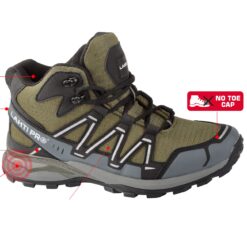 Trzewiki robocze LAHTI PRO L30120 O2 bez podnoska do pracy ochronne zawodowe obuwie bhp sklep system internetowy dla pracownika bez podnoska bez stalkapa bez noska twardego metalu trekingowe za kostkę zielone camo szare lewy bok